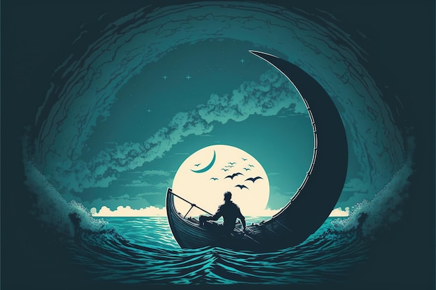 三日月形のデジタルアートスタイルのイラストを見て海でボートを漕ぐ若い男、ボートに乗った男のファンタジーイラストを描く
