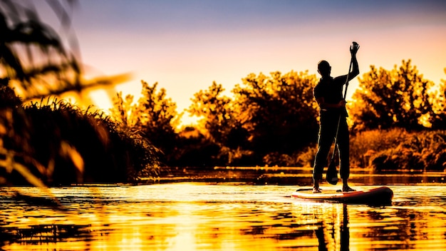 A young man rowing on a SUP during a beautiful sunrise