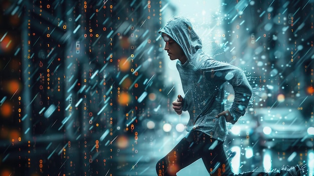 A young man running in a hoodie in the rain against a background of binary code