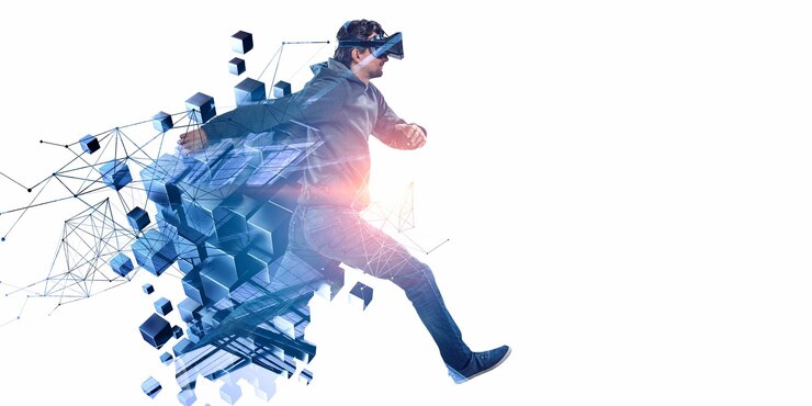 Photo young man running in vr headset with abstract cubes and diagrams background. mixed media