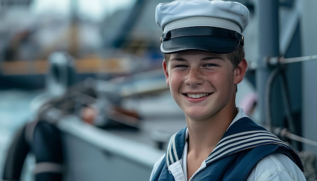 A young man in a sailors hat is smiling and posing for a picture