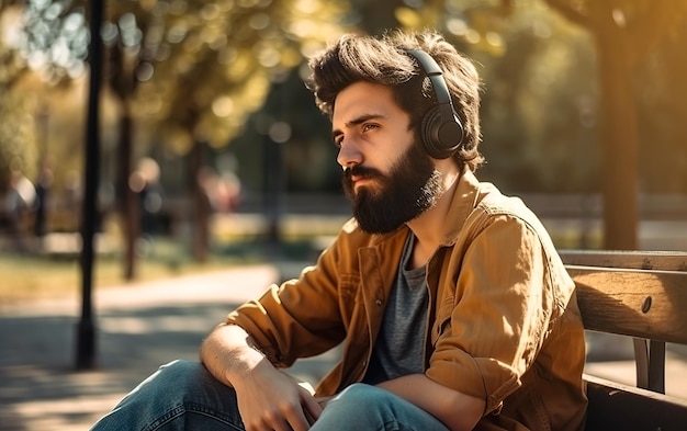 Young man seated on a bench in the park listening to music with headphones