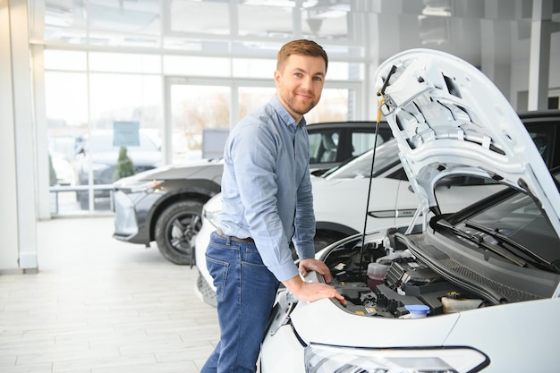 Young man selling electric cars in the showroom Concept of buying ecofriendly car for family