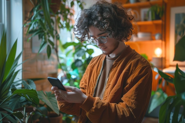 Photo young man in serene plant haven