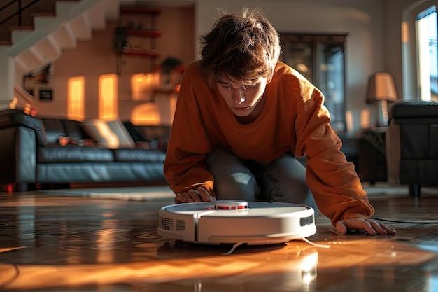 A young man sets up a robot vacuum cleaner