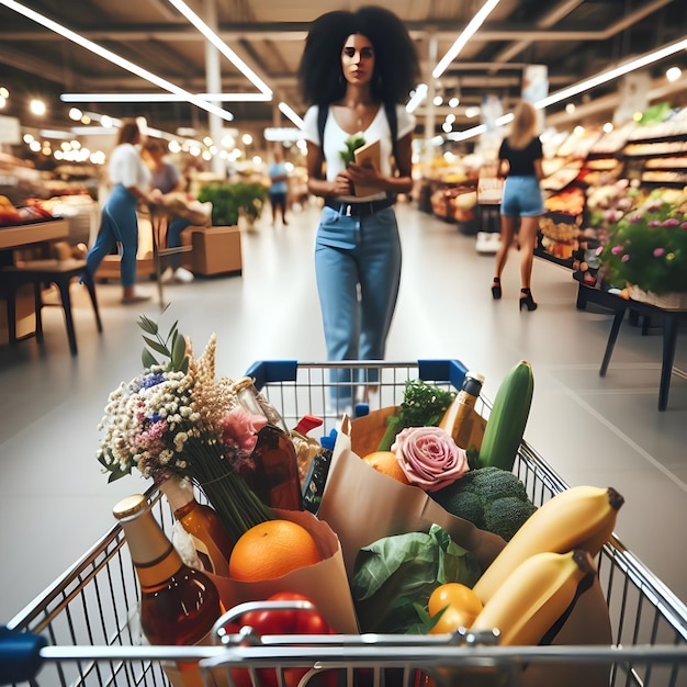 Foto young man shopping for fresh groceries at a busy supermarket during daytime