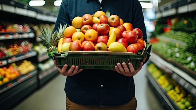 Young man shopping putting fruit into baskets in a large modern supermarket to buy food