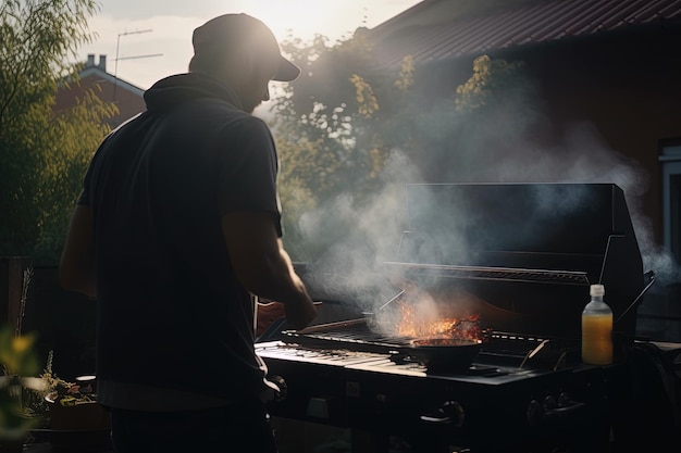 Young man silhouette cooking on barbecue grill at backyard at sunset Back view