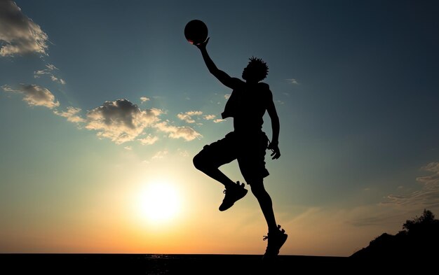 Young man silhouette on sunset jumping playing basketball with ball