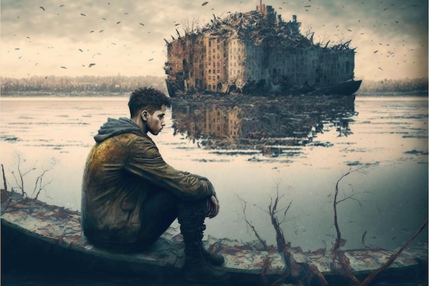 Young man sits on a boat looking at the flooded abandoned city digital art style illustration painting fantasy concept of a young man on a boat