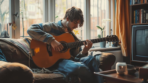Photo a young man sits on a couch in a living room playing an acoustic guitar he is wearing a blue sweater and jeans