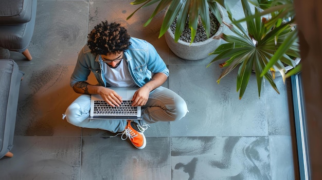 Photo a young man sits crosslegged on the floor and uses his laptop he wears casual clothes and has curly hair there is a plant in the background