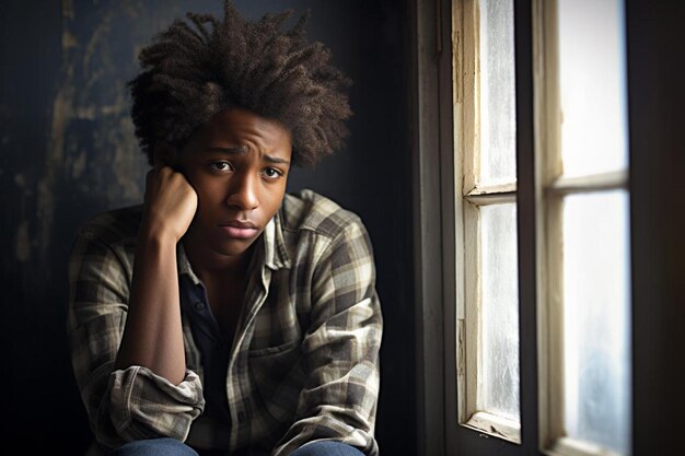 Photo a young man sits in front of a window with a sad face