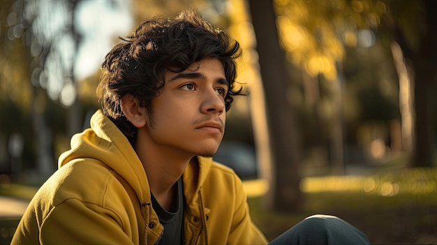 A young man sits on the grass in a park, looking at the camera.