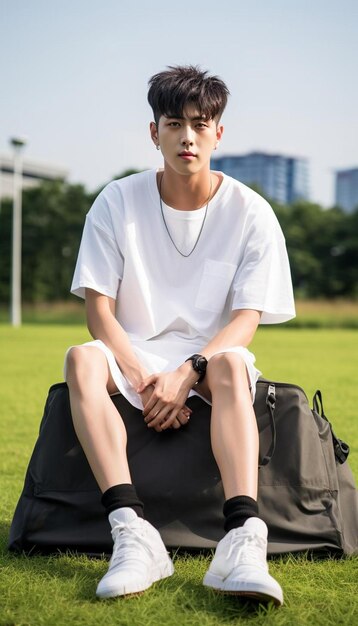 a young man sits on the grass with a backpack.