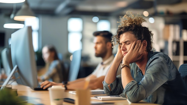 Photo a young man sits at his desk his head in his hands he is surrounded by papers and files and his computer is open he looks exhausted and stressed