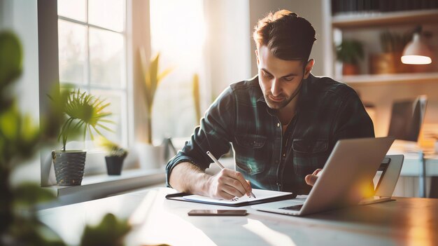 Photo a young man sits at his desk writing in his notebook he is wearing a casual shirt and has a laptop open in front of him