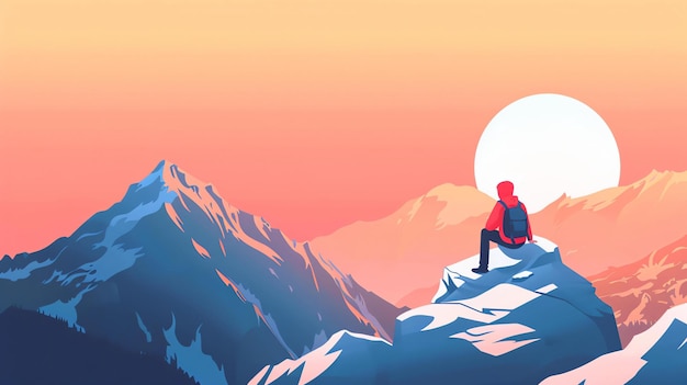 A young man sits on a rock and gazes at a beautiful sunset over the mountains