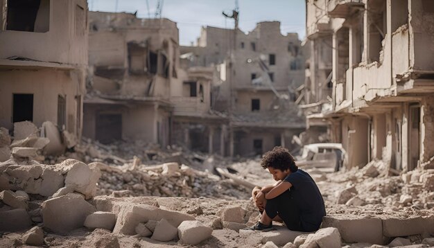 A young man sits on the ruins of an abandoned house in tunisia