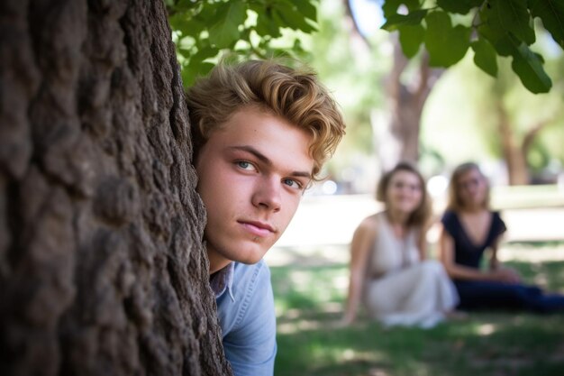 A young man sitting beneath a tree with his girlfriend in the background created with generative ai