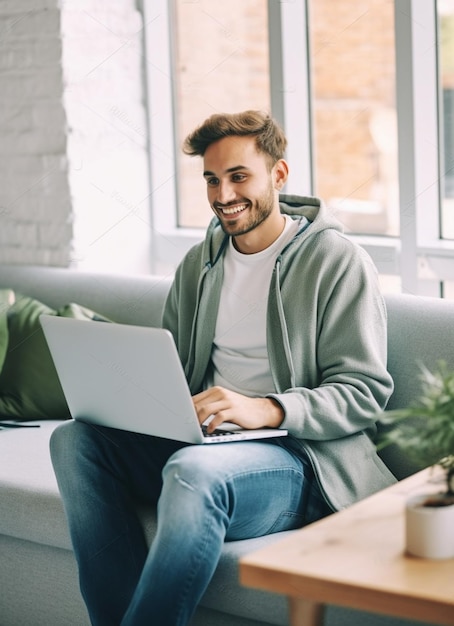 Photo young man sitting on a couch with a laptop and smiling.