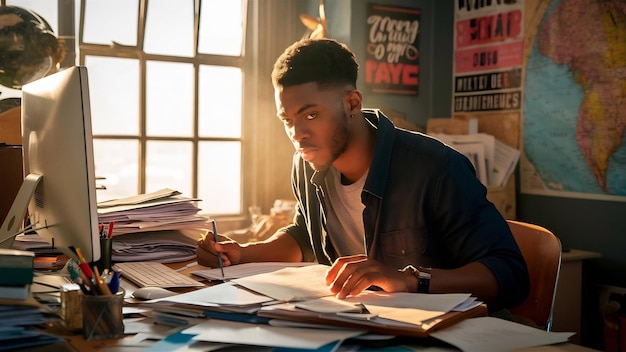 Young man sitting at desk and doing paperwork