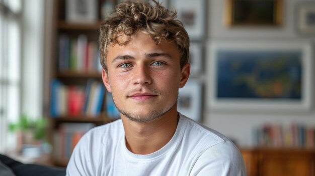 A young man sitting in front of a bookshelf filled with books