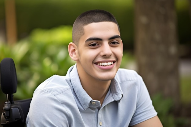 A young man sitting in his wheelchair with a smile on his face created with generative ai