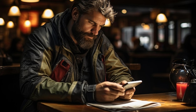 Photo a young man sitting indoors working on his smart phone generated by ai