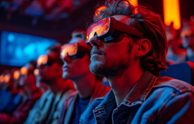 Young man sitting in row of people in virtual reality glasses watching movie in the cinema A theater with people sitting and wearing 3d glasses