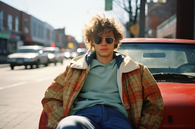 a young man sitting on the side of a red car