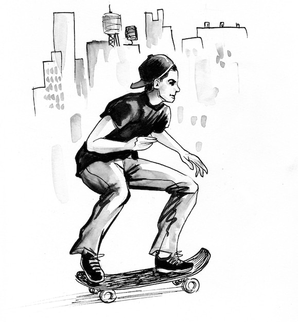 Young man on skateboard. Ink black and white drawing