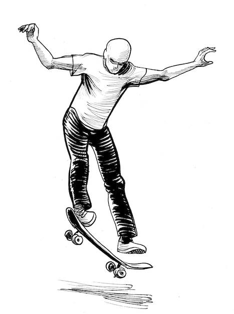 Young man on skateboard Ink black and white drawing