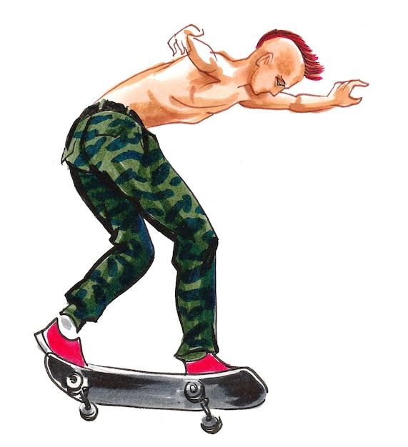 Young man on skateboard. Ink and watercolor drawing