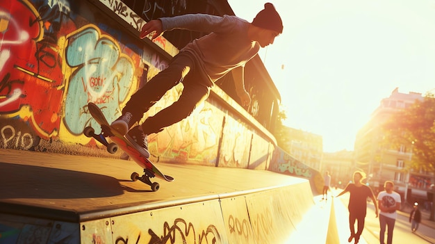 Photo young man skateboarding on a sunny day he is wearing a beanie and casual clothes the background is a colorful graffiti wall