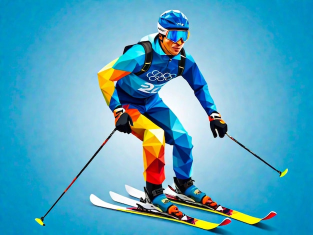 Photo a young man skier with on a blue background