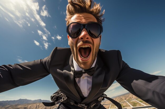 Young Man Skydiving in Stylish Black Suit Ai