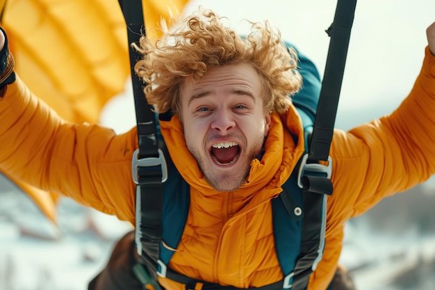 Young man skydiving with a parachute in the air Extreme sport