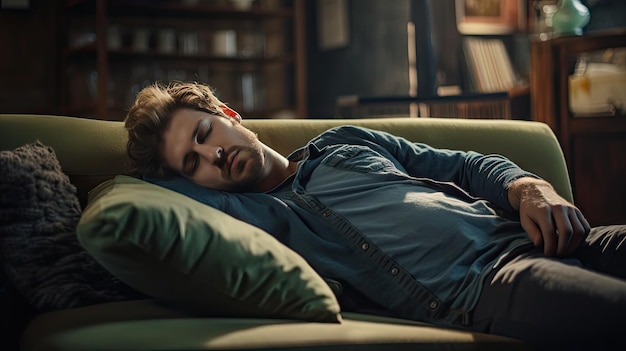 Young man sleeping on sofa at home