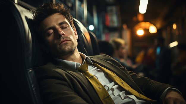 지하철 차량에서 잠을 자고 있는 젊은 남자