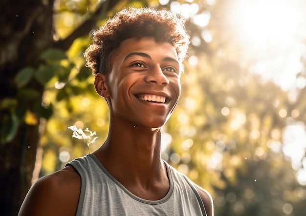 太陽が彼の後ろにある木の前で笑顔の若い男