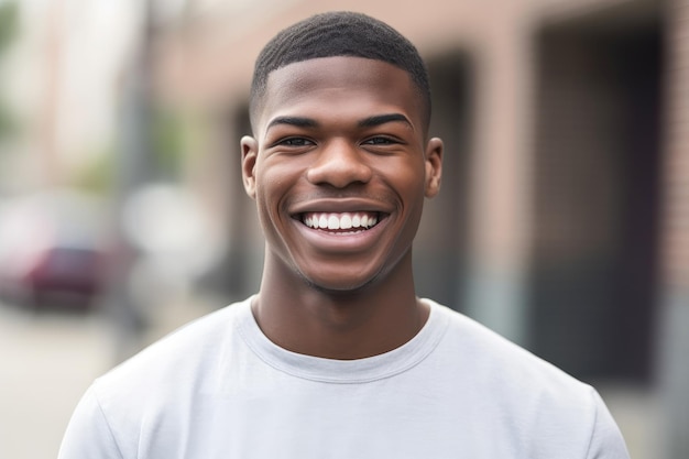 Photo a young man smiling at the camera while standing outside created with generative ai