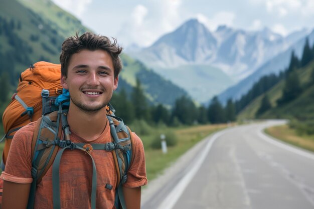 young man smiling on the road with backpack in greenery field