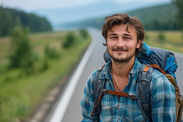 Foto giovane che sorride sulla strada con uno zaino nel campo verde