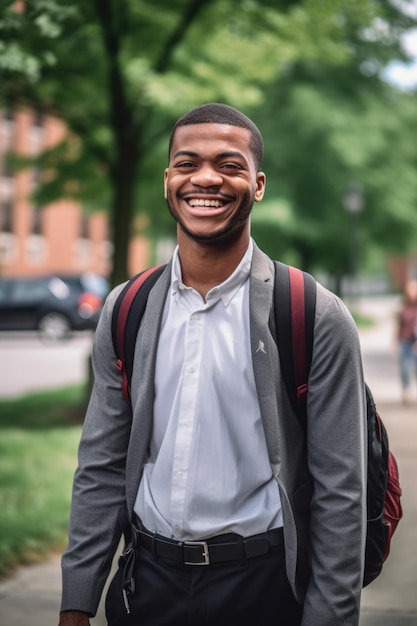 A young man smiling while standing outside on campus