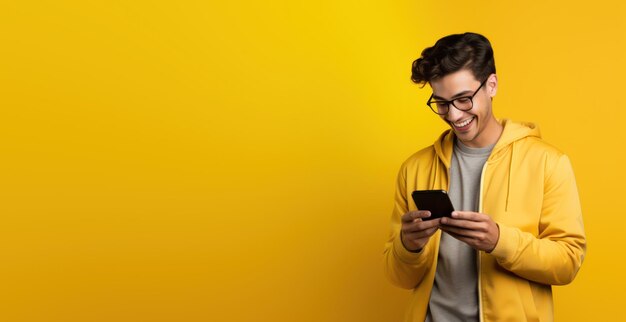 Young man smiling while using smartphone copy space background