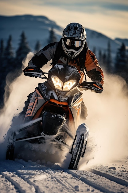 Young man snowmobile rider snowmobile jumping in beautiful snowy landscape in morning lights