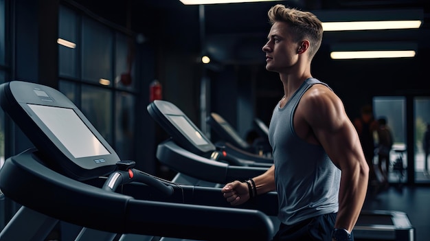 Young man in sportswear running on treadmill at gym