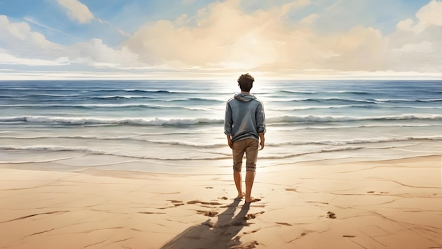 A young man standing on the beach the sun setting in the sky and the sound of the waves