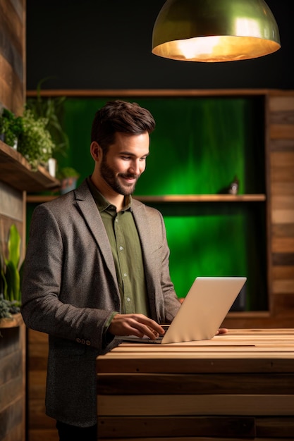 a young man at a standing desk made from recycled wood Created with generative AI technology